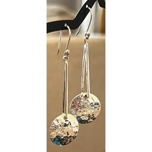 Vintage Modern Hammered Sterling Silver ATI Circle Disc Drop Dangle Earrings 2.5